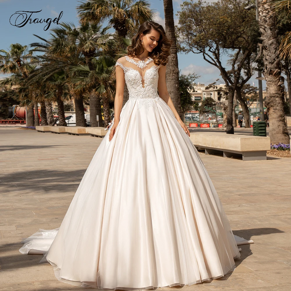 Traugel Ball Gown Princess Wedding Dresses O-Neck Cap Sleeve Vestido De Novia Beaded Lace Appliques Vintage Robe De Mariee