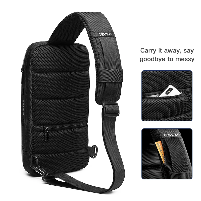 OZUKO-Bolsa multifunções anti-roubo para homens, bolsa de peito masculino, sacos impermeáveis do mensageiro do estilinete, bolsa transversal USB,