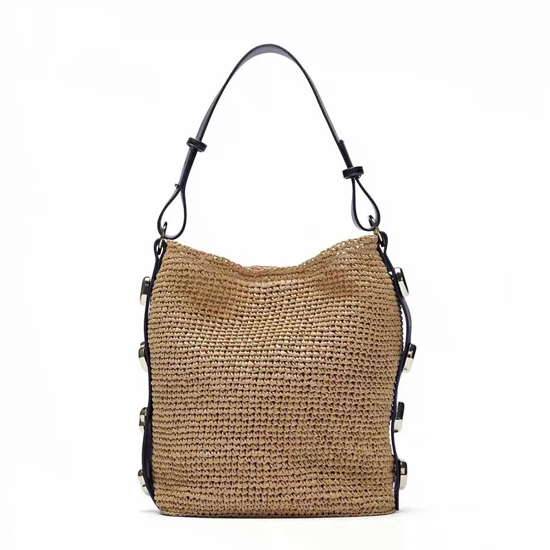 Imagem -06 - Moda Rebite Grande Capacidade Bolsas de Palha Artesanal Tecido Bolsas de Ombro Feminino Bolsas de Luxo Verão Praia Grande Tote Bolsas 2023