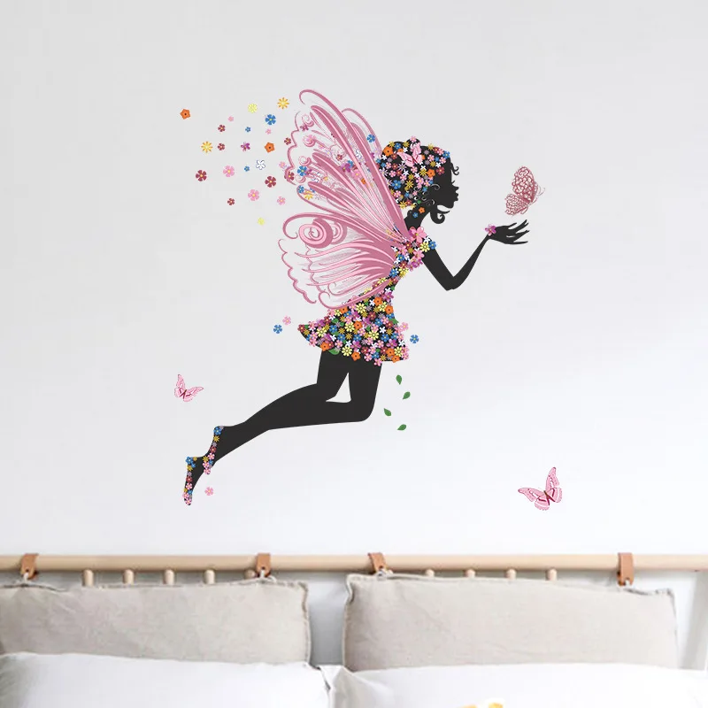 The Nordic color Butterfly flower fairy girl dancing bedroom porch wall decoration wall stickers self-adhesive room decoration