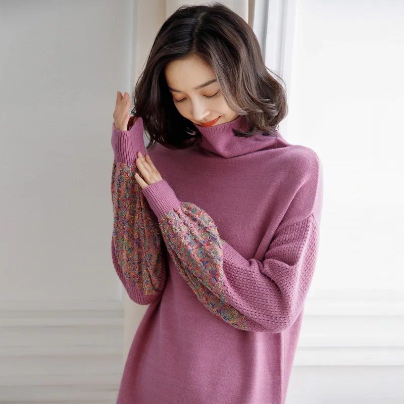 High Quality Autumn & Winter Women Turtleneck Fashion Sweater Dress Long Wool Sweater Ladies Knitted Dress Pullovers