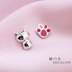 Pendientes asimétricos de Plata de Ley 925 con patas de gato para mujer, joyería de moda con personalidad