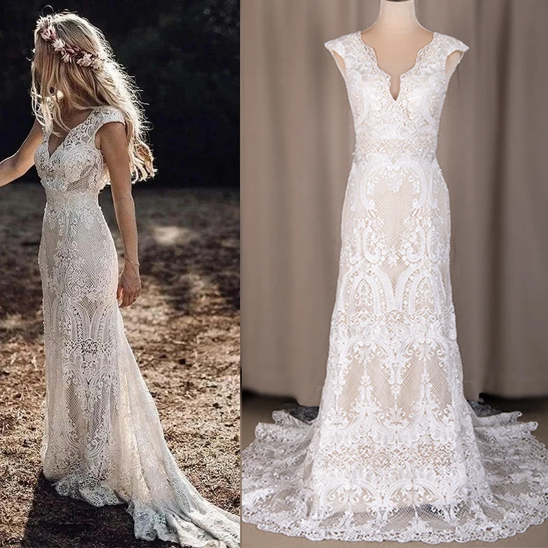 794#Deep V-Neck Sexy Backless Cap Sleeve Lace Sheath Boho Bohemian Wedding Bride Dress REAL PHOTO FACTORY PRICE CUSTOM MADE