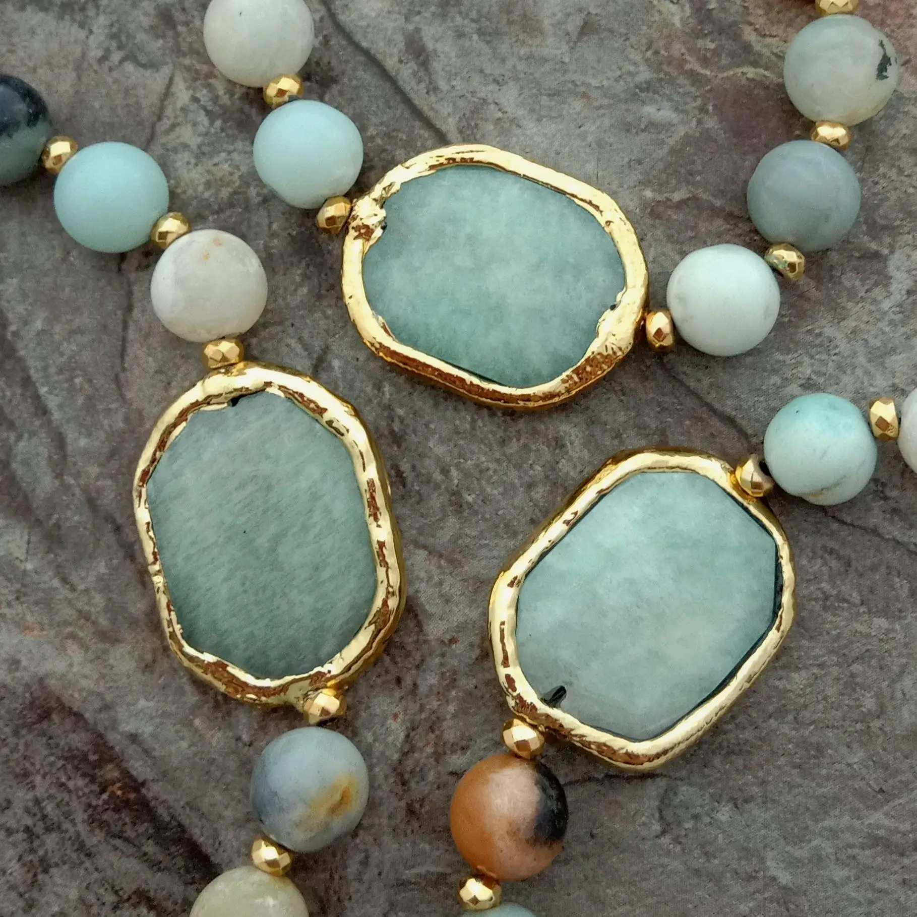 42\'\' 8mm Mixed Color Amazonite Gold color Plated Amazonite Nugget long Necklace sweater chain necklace for women