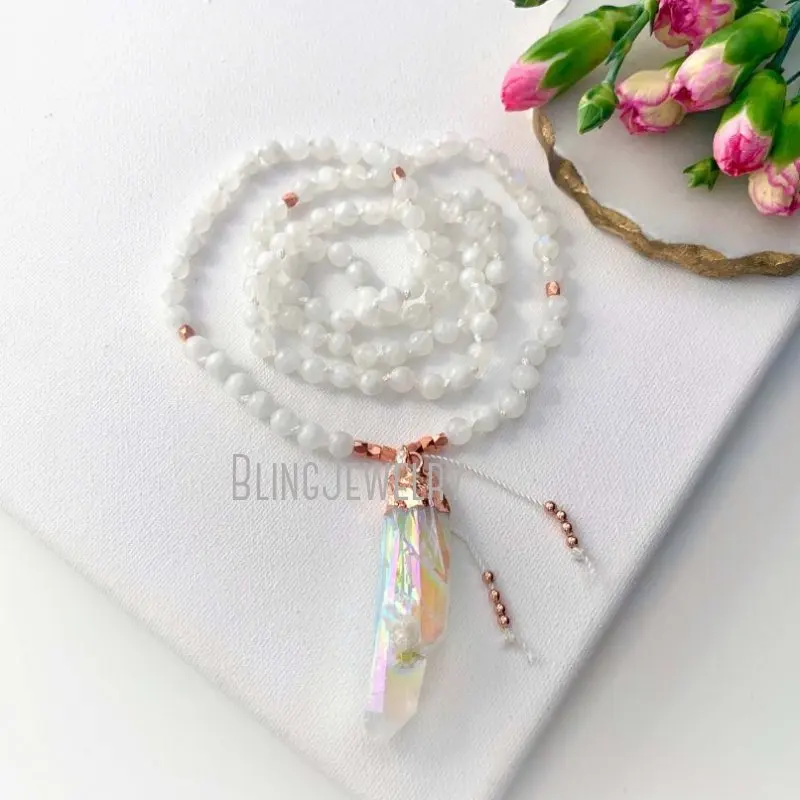 

MN34515 Rainbow Moonstone Mala Beads With Angel Aura Guru Crystal 108 Prayer Necklace Yoga Gift