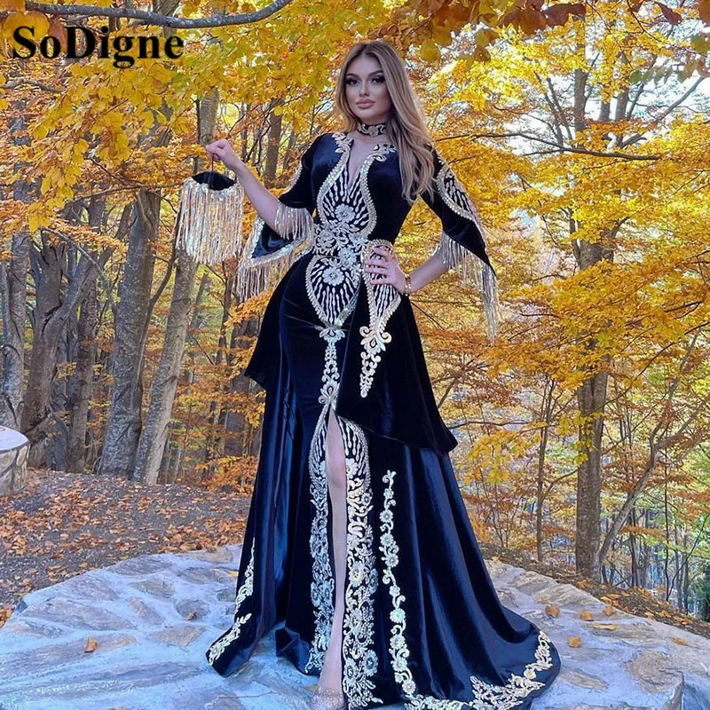 SoDigne abito da sera caftano marocchino blu Navy Sexy sirena a spacco alto Dubai abiti formali abiti da celebrità in pizzo taglie forti