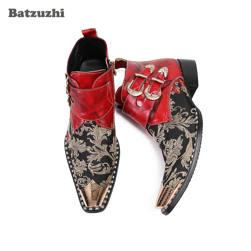 Batzuzhi Rock Men\'s Leather Ankle Boots Western Ankle Boots Men Metal Toe Buckles Botas Hombre Party Wedding Boots, Sizes US6-12