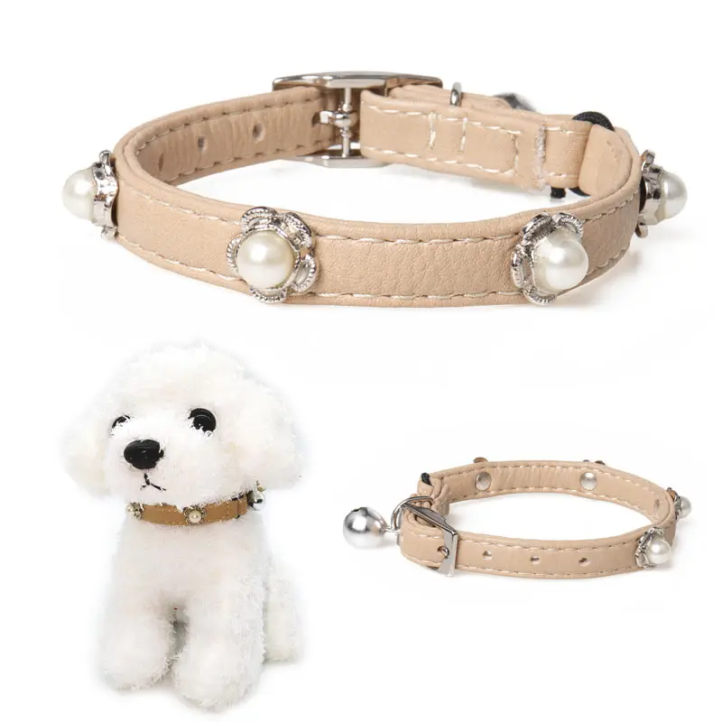 Small Dog Collar Pet Cat Accessories Puppy Bell Necklace Perros Supplies Gatos Neck Collier Chiens PU leather Pearl for Teddy