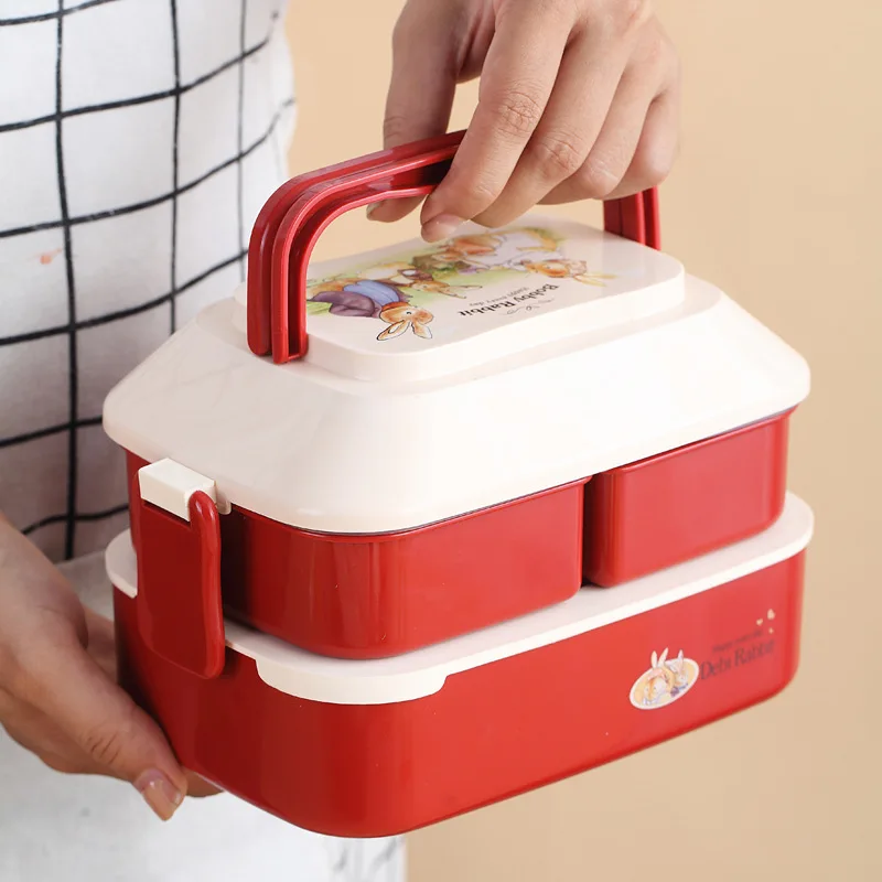 850ml Kids Food Storage Box Portable Lunchbox 2 Layer Microwave Bento Box Movable Fruit Container With Cutlery