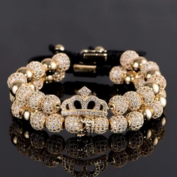 Luxury Double Crown Bracelets 8mm Micro Pave CZ Round Braided Macrame Bracelet Pulseira Feminina Handmade Jewelry Men Women