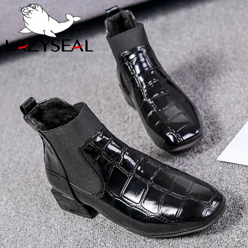 LazySeal New Square Toe Ankle Boots For Women Patent Leather Elastic Band Slip-on Woman Shoes Ladies Fashion Boots Woman Booties