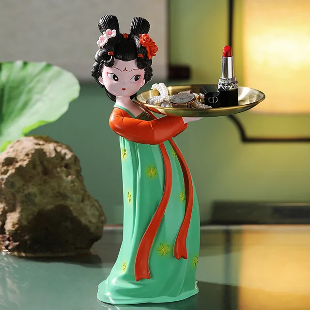 Chinese Resin Costume Girl Storage Tray Adornments Cabinet Store Cafe Sculpture Crafts Home Livingroom Desktop Figurines Decor