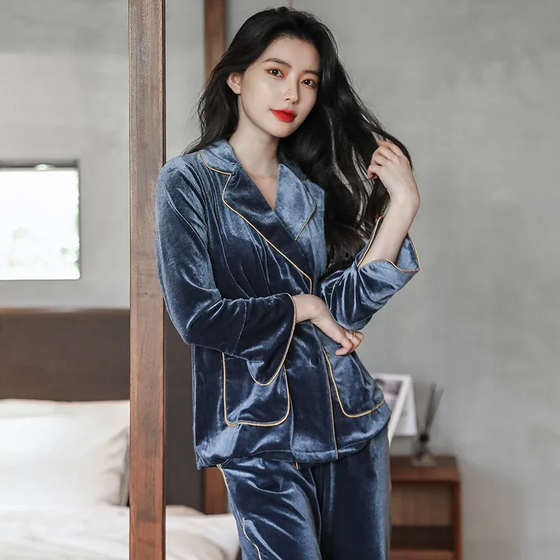 Velvet Sleepwear Autumn Winter New Women Pajamas 2 Pieces PJS Set Casual Nightwear Lounge Wear Velour Intimate Lingerie Homewear