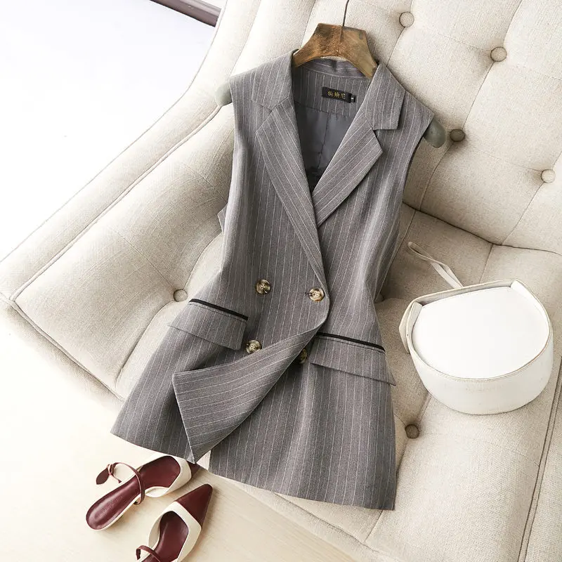 

2021 Spring Fall Striped Suit Vest Women's Double Breasted Short Temperament Sleeveless Jacket Female Blazer Waistcoat 3XL k1290