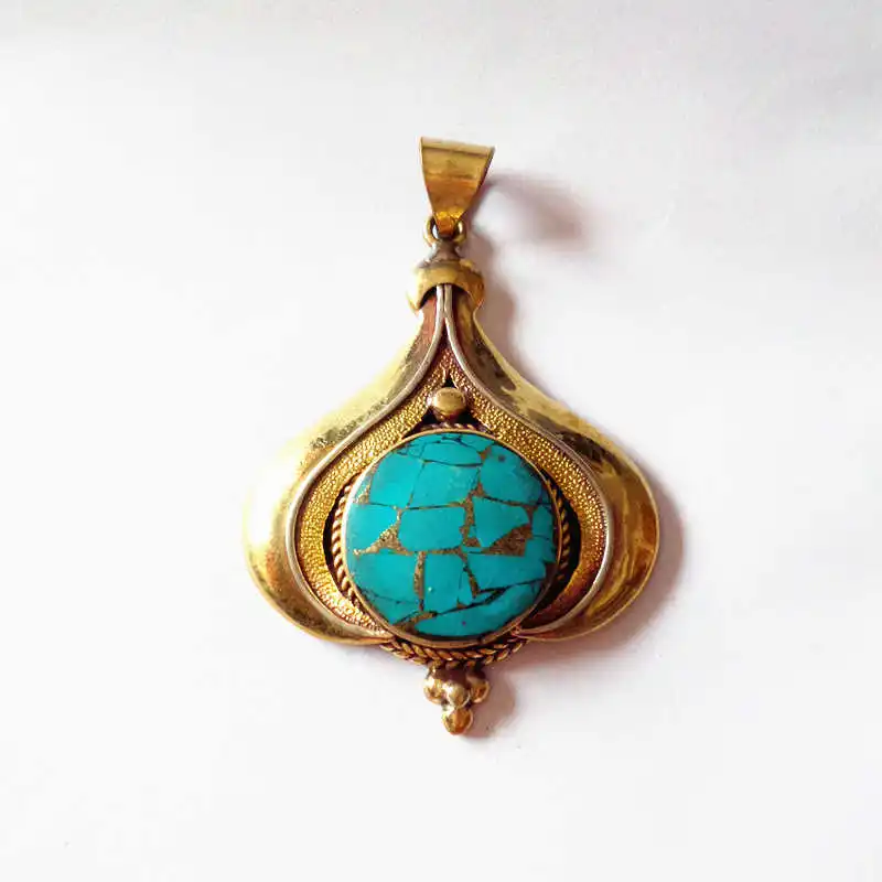 Nepal Vintage Hand Jewelry Brass Inlaid Turquoise Golden Big Pendants TBP336