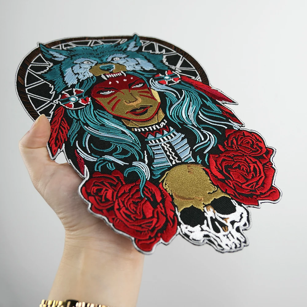 Queen of the Forest Skull Embroidery Patches 17*27CM Big Back Iron on Patch Appliques Rose and Wolf MC Bikers Jackets Vests