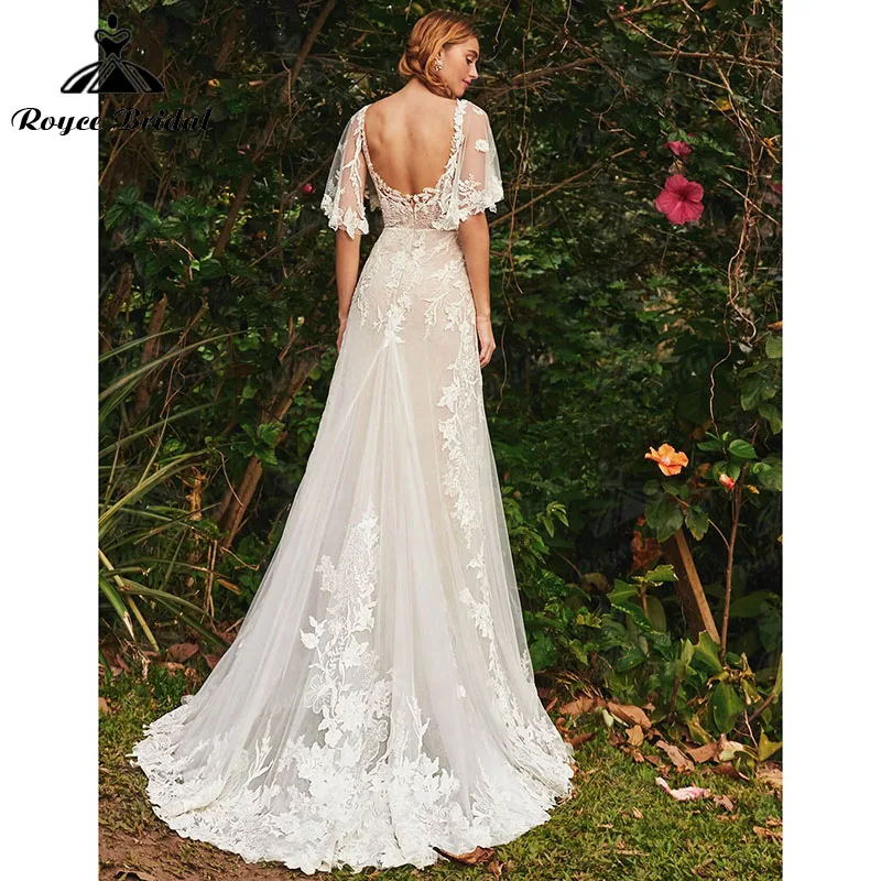 A Line Wedding Dresses V Neck Lace Appliques Backless Sweep Train Half Flare Sleeve robe de soirée de mariage Roycebridal 2022