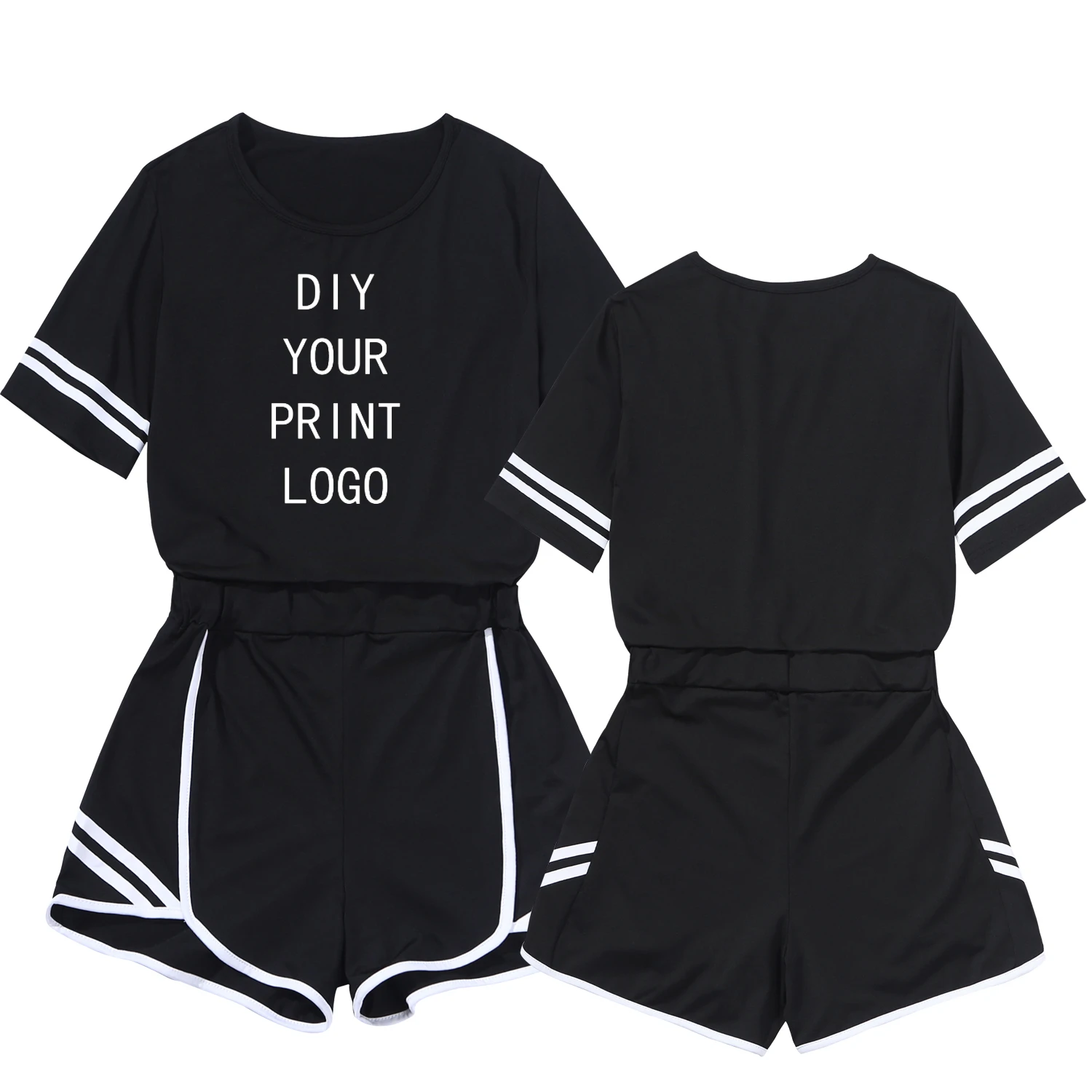 Personalizado conjunto de duas peças roupas femininas personalizado preto manga curta conjuntos terno diy logotipo das senhoras topos t camisa e