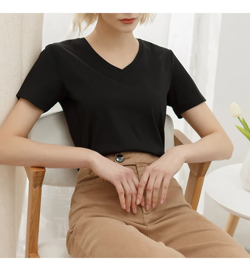 95% Cotton Summer T-shirt Women Solid V-Neck Short Sleeve Simple Basic Harajuku Female Tees Top Camisetas Verano Mujer