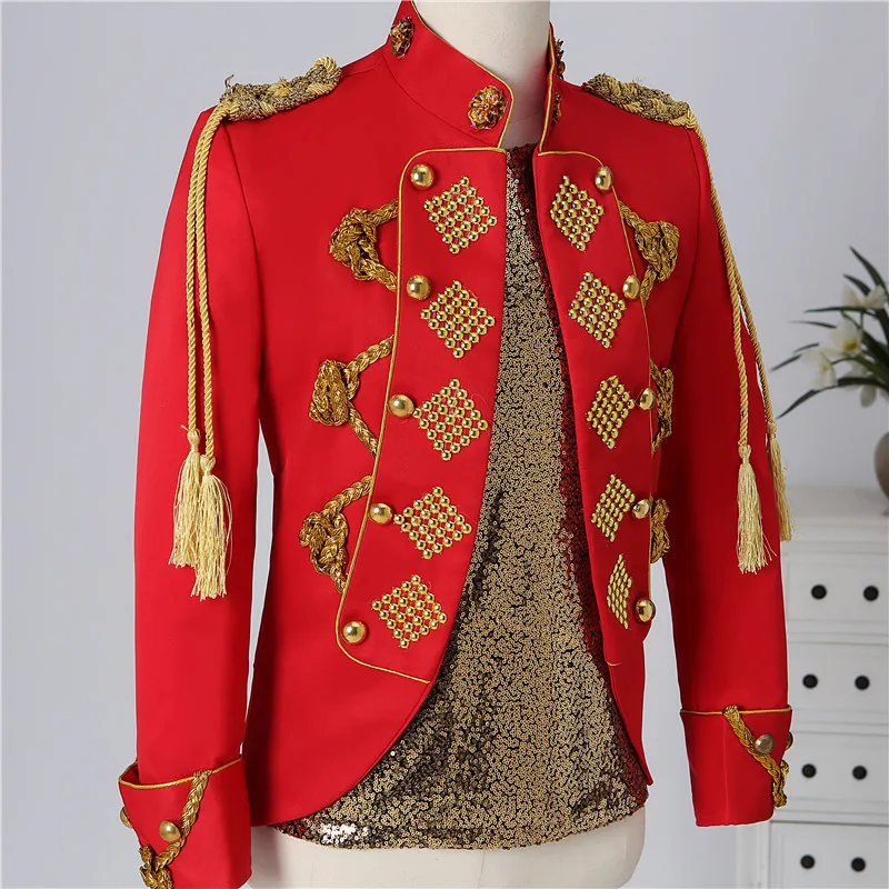 Red Court Dress Fringe Epaulet Rivet Jacket Nightclub Men Singer Performance Clothes Stand Collar Slim Blazer Coat Stage Costume