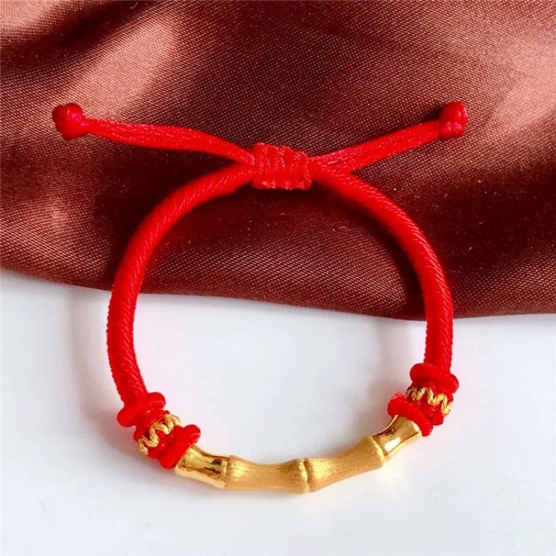 3D Hard Gold Bamboo Festival Pure Gold 999 Elbow Bamboo Transfer Bead Red Bracelet For Women Female DIY Beads 6.3inchL