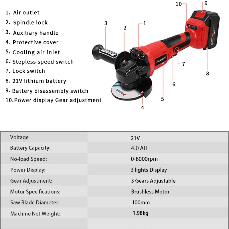 AOBEN Cordless Angle Grinder 21V Brushless Electric Angle Grinder Rechargeable Cutting Sading Polishing Rust Remoral Power Tools