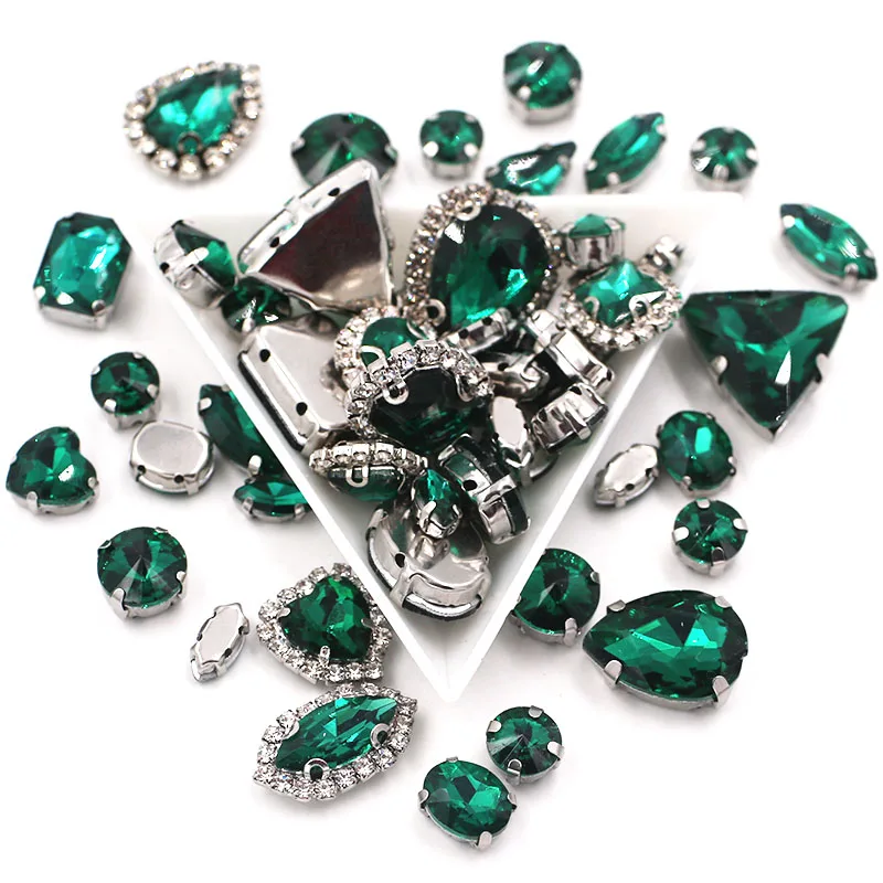 50pcs/Bag Peacock Green Mixed Shape Sew on Glass Rhinestone Silver Claw Crystal Buckle Diy Wedding Decoration Clothes/Shoe/Dress