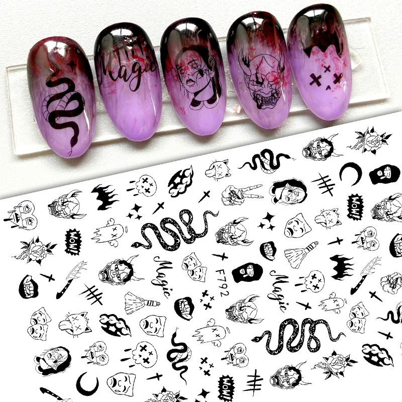 

10PCS Halloween Series Thriller Skull Clown Girl 3D Realistic Pattern Nail Sticker Nail Slider Decoration Beauty Tool