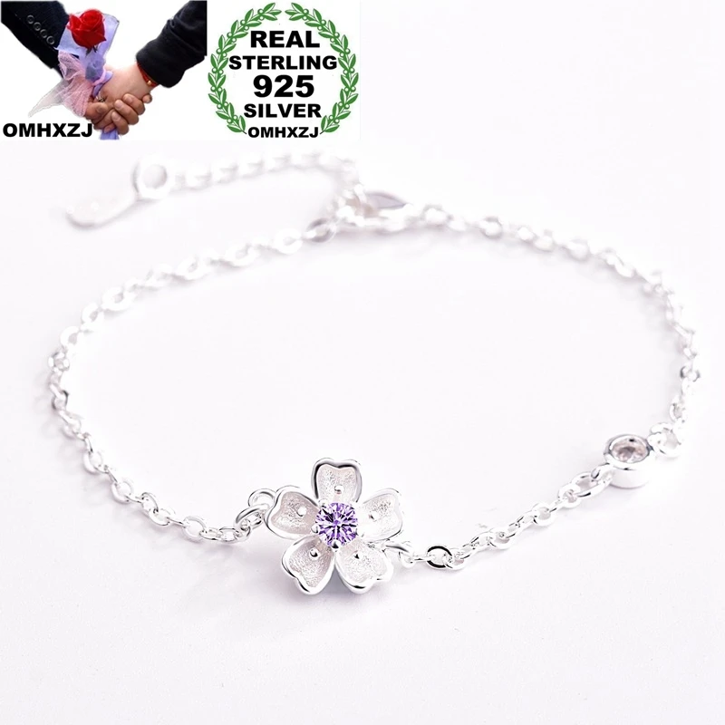 OMHXZJ Wholesale European Fashion Woman Girl Party Birthday Wedding Gift Sakura AAA Zircon 925 Sterling Silver Bracelet BA117