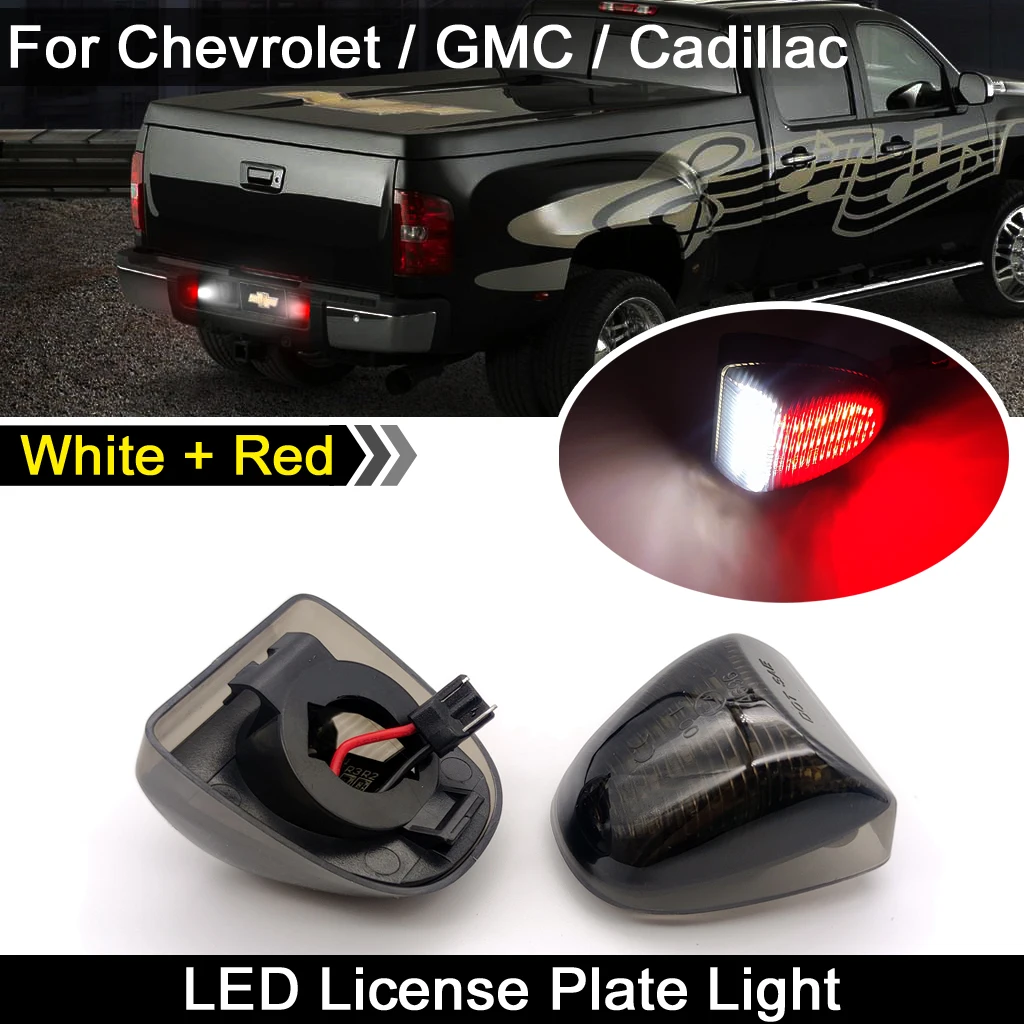 2Pcs For Chevrolet Suburban Silverado GMC 1500 2500 3500 Cadillac High Brightness White+Red LED License Number Plate Light