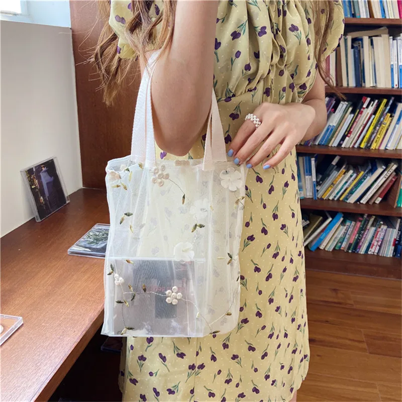 Minin Embroidered Light Clear Tote Bags Female Simple Shoulder Mesh Shipping Bags Floral Beach Eco Fruit Bag Purse for Girls New