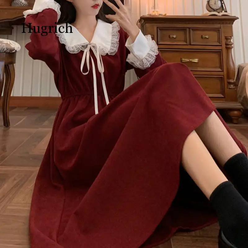 Women Sweet Lace Peter Pan Collar French Elegant Long Sleeve Lace-Up Fairy One Piece Dress Korean 2021 Autumn