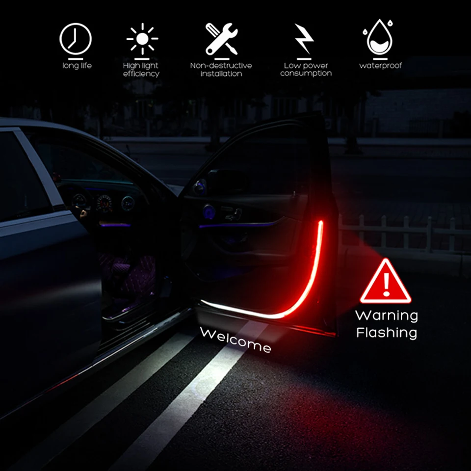 

Car Door Decoration Light Strips Strobe LED Opening Warning Waterproof Signal Interior Strobe Flashing Lights Car Accessories