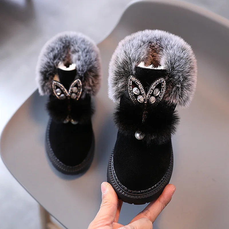 Girls Snow Boots Kids Ankle Boots Sweet Cute Rabbit Ear Crystal Fluffy Smooth Fur Hairy Warm Thick Cotton Children Winter Boots