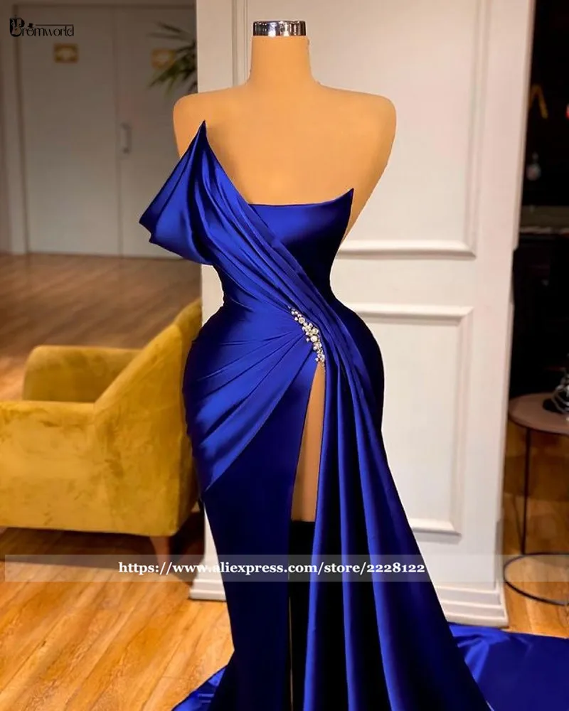 Royal Blue Mermaid Prom Dresses Long Sexy High Slit Satin Off the Shoulder Formal Party Dress 2021 Vestido De Fiesta De Boda