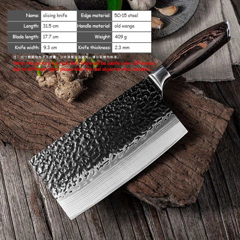 Wooden Handle Slicing Knife Handmade Kitchen Knife Meat Cleaver Slices Kitchen Black Hammered Stainless Steel Sharp Blade Cutter