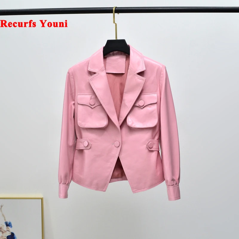 Sweet Pink Jackets For Women Female Korean Fashion Genuine Leather Big Pocket Slim Waist Blazer Suit Coat Mujer Chaquetas Winter