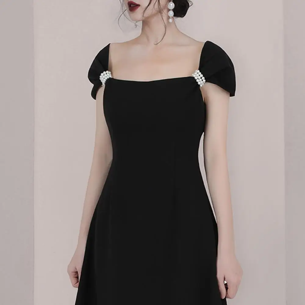 High Quality Autumn France Black Long Dress New Runway Women Square Collar Pearls Beaded Short Sleeve Slim Waist Party Vestidos
