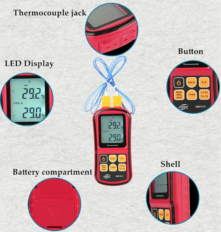 GM1312 Digital Thermocouple Thermometer -50~300℃ Temperature  High Precision Temperature Meter Tester with LCD Backlight 40%off