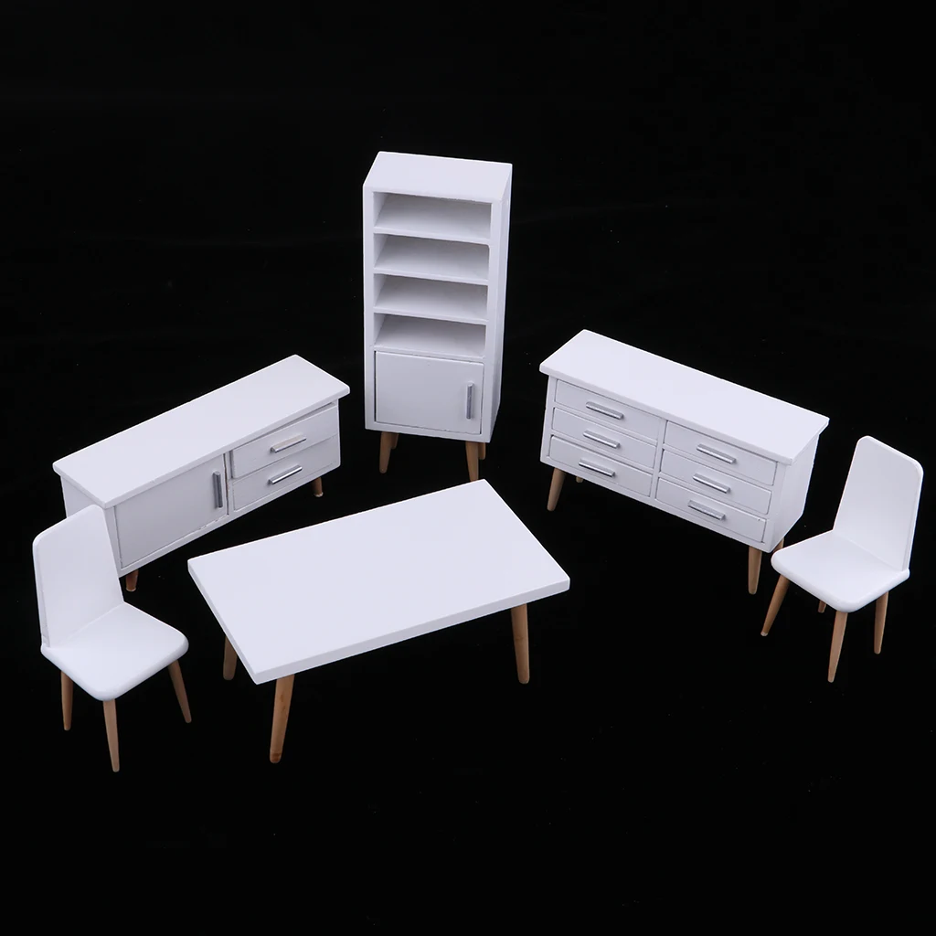 6 Pieces Miniature Furniture Living Room Kit 1/12 Dollhouse White Table Chair Display Cabinet Low Cabinet Model