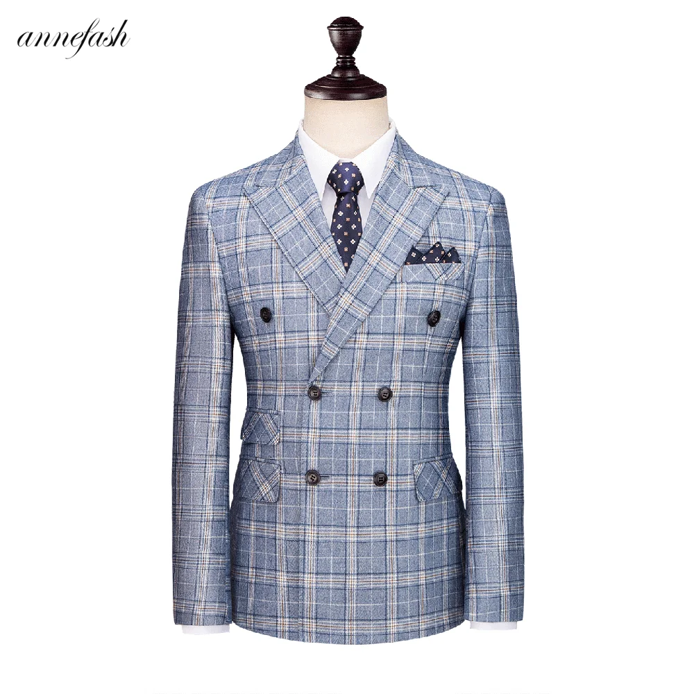 light blue overcheck plaid men suit Custom made men wedding blazer suit 3pcs (jacket+pants+vest)