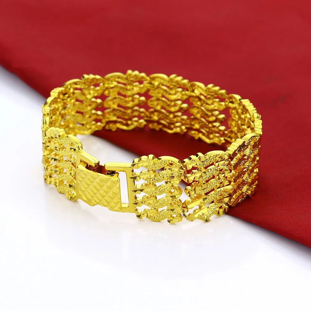 Real Plating 24K Gold Bracelet Wide 20MM Hollow Big Chain Link Bracelet Fashion Jewelry Gift For Charm Men Women Accessories