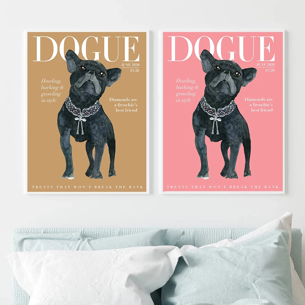 Fashion Frenchie Dogue Magazine Cover Poster Pink Yellow Background Canvas Print Painting Bathroom Aisle Wall Art Decor Pictures