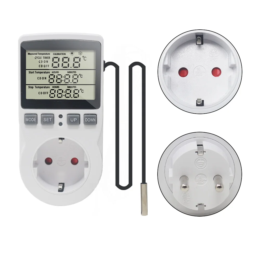 KT3100 Digital Thermostat 16A 220V Timer Switch Socket Outlet Heating Cooling Temperature Controller With Sensor Probe Heat Mat