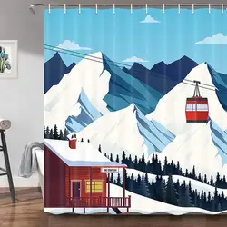 Winter Skiing Shower Curtain Set, Modern Ski Station Snow Mountain Pine Tree Forest Bath Curtains, Blue Christmas Bathroom Decor