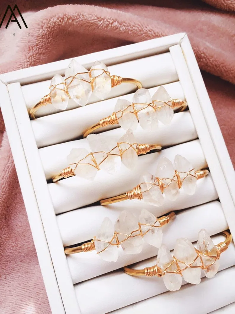 Natural Stone Open Bangle Jewelry Women Gold Color Wire Wrap Irregular White Crystal Quartz Cuff Bangles Bracelets BG001AMAB