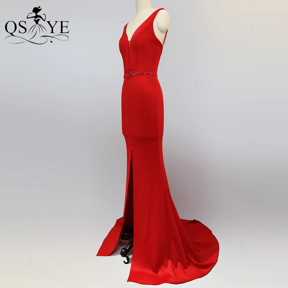 Red Evening Dress 2021 Bead Bow Belt Mermaid Prom Gown Stretch Long Formal Gown V Neck Party Dress Front Split Fit Women Gown