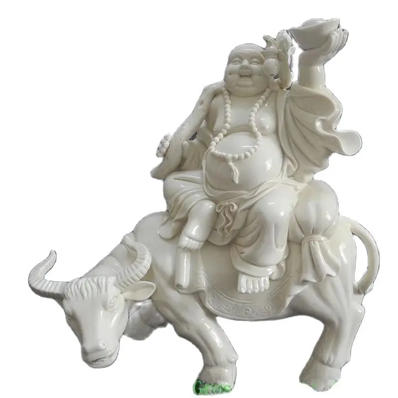 33cm dehua porcelain laughing Buddha riding a cow thriving business gourd statue porcelain crafts family Christmas decorations