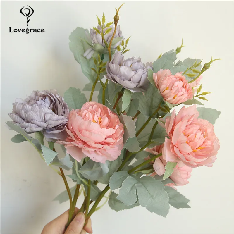 Roses Artificial Flowers for Wedding Wall Fake Flowers White Home Decoration Plastic Long Branch 3 heads Pink Rose Silk Flowers