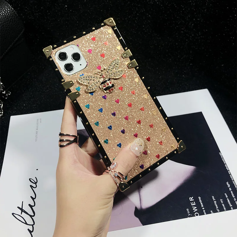 

Luxury Glitter Diamond Bee Gradient Phone Case For iPhone 14 13 12 11 Pro Max Xs XR 7 8 Plus SE Silica Heart Bling Square Cover